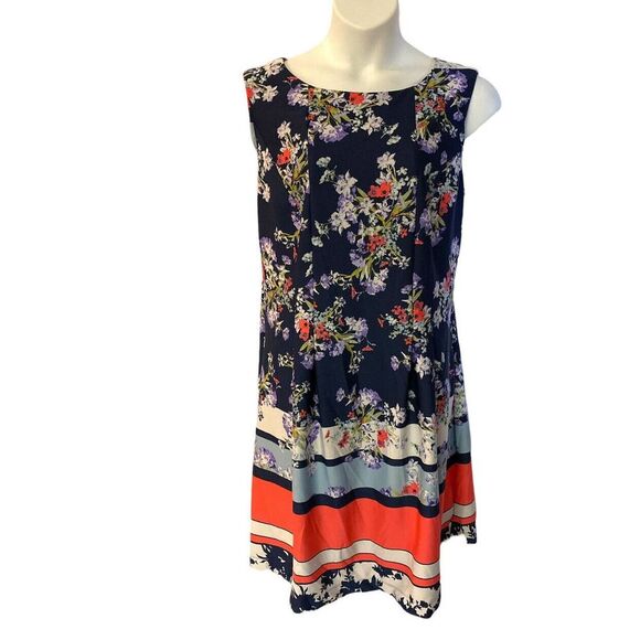 TAYLOR Pleated Pocket Floral Border Navy Coral Office Party Scuba Knit Dress - Picture 2 of 12